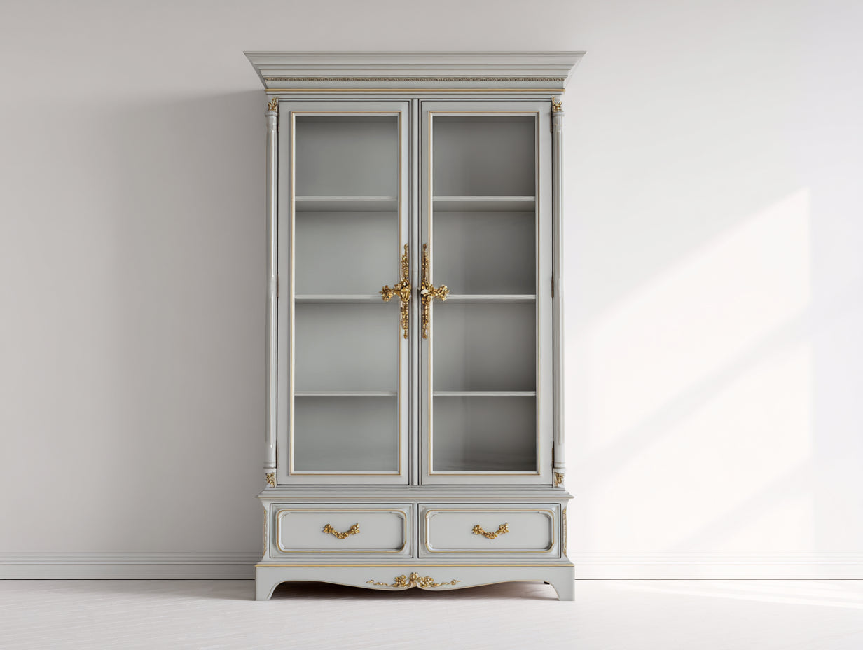 Vetrina - legno-vetro-metallo - 100x45x190 cm - Grigio chiaro-Bianco-Oro - stile classico