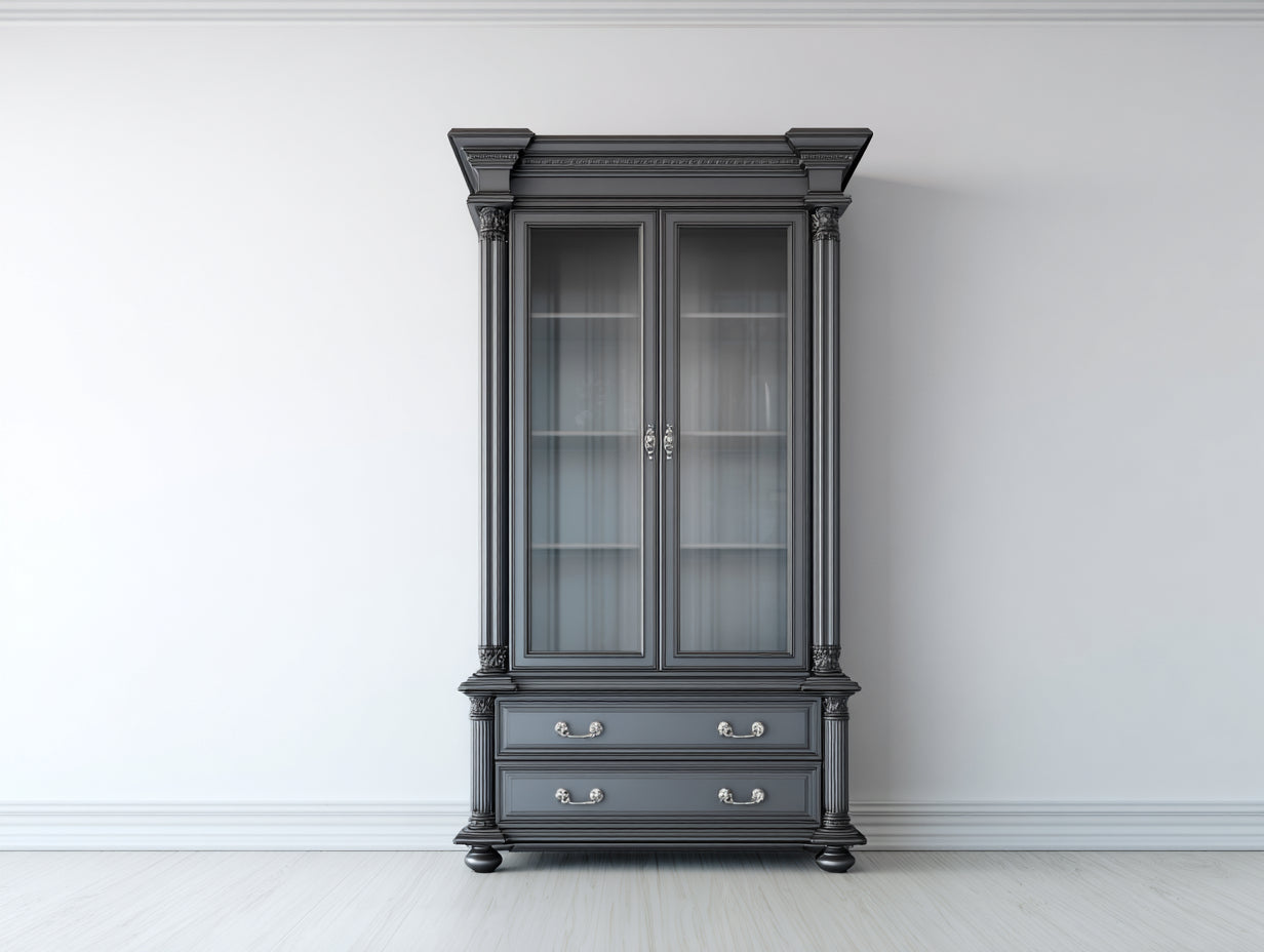 Vetrina - legno-vetro-metallo - 112x48x205 cm - Grigio antracite-Argento - stile neoclassico