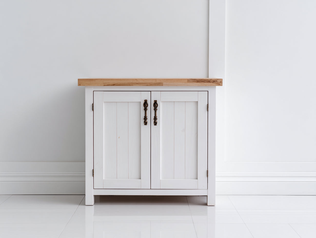 Credenza - legno-pannello lavorato-metallo - 96x39x82 cm - bianco-legno naturale-bronzo - rustico moderno