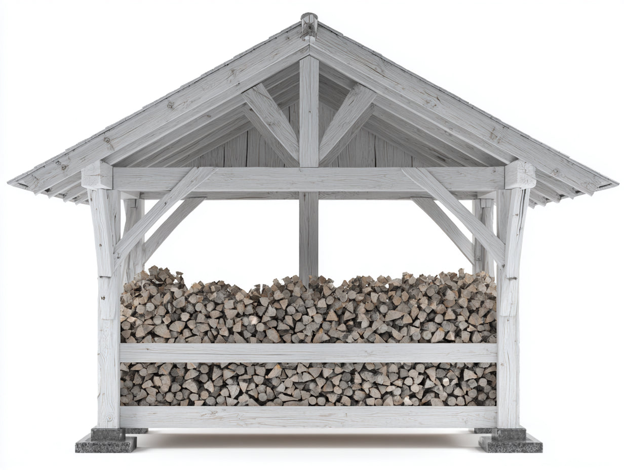 Portalegna-Legno-Pietra-285x95x220 cm-Bianco decapato-Grigio chiaro-Rustico con tetto spiovente