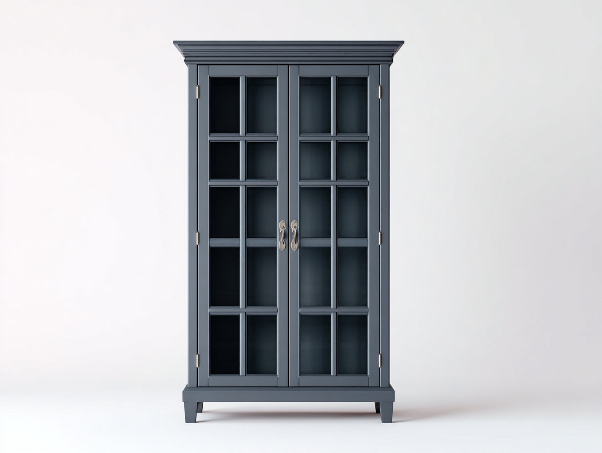 Vetrina - legno-vetro-metallo - 103x45x194 cm - Grigio blu-Ottone - stile neoclassico